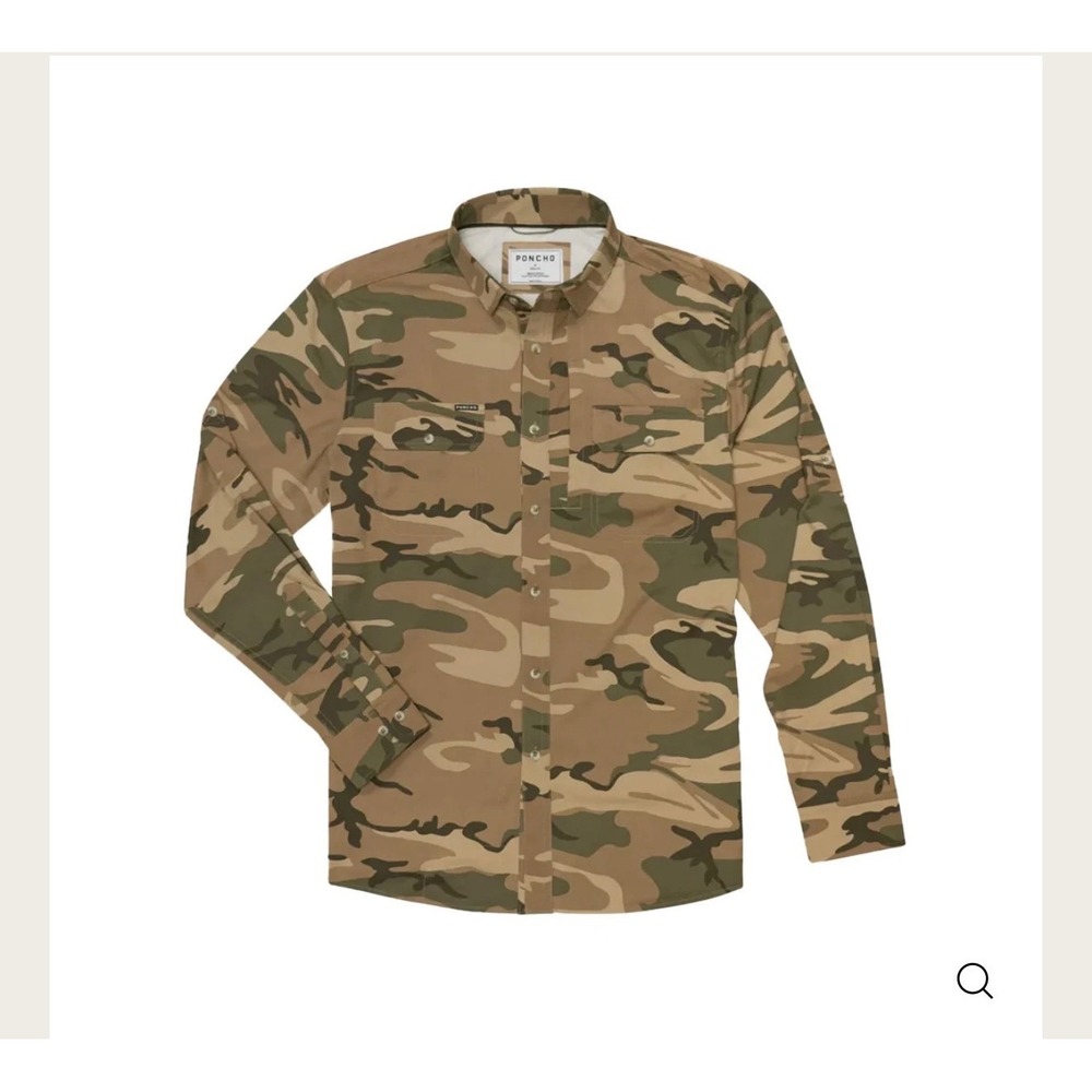 Poncho Outdoors Mens XXL Slim Fit Camo Magnetic Pocket Fishing Shirt Long Sleeve